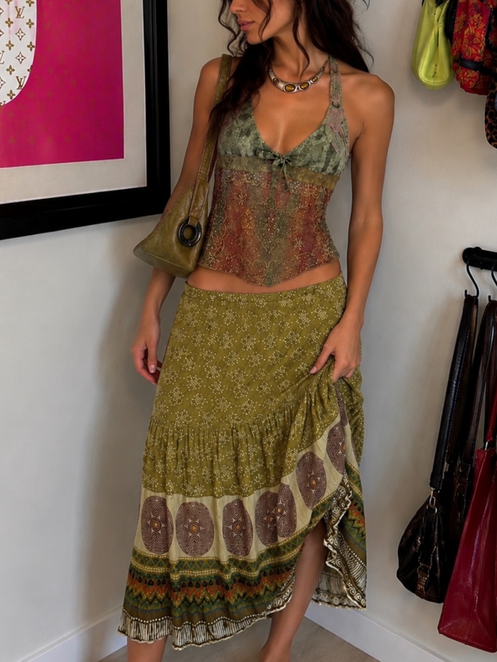 Vintage René Derhy Paris Boho Tiered Midi Skirt